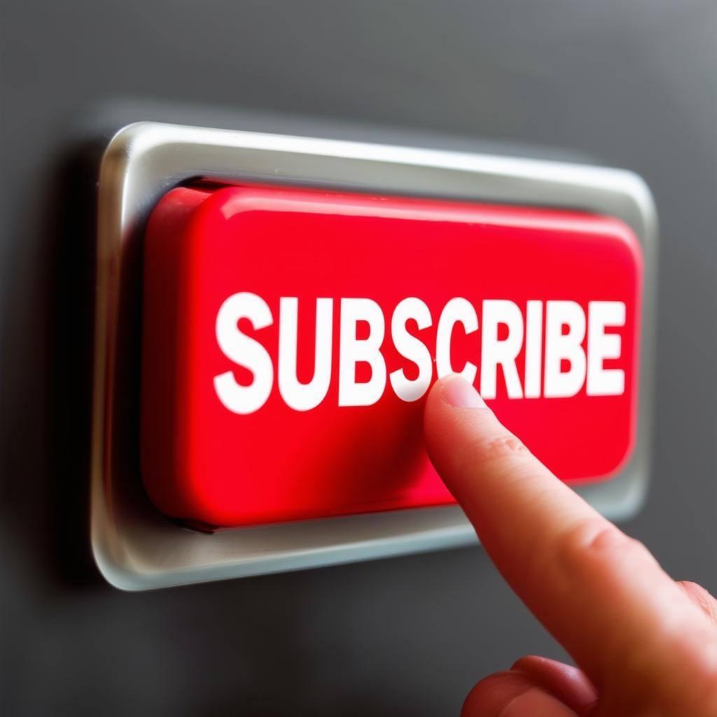 a finger pressing a big red button that says SUBSCRIBE in white