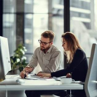 expert helping someone in a modern office