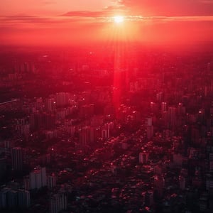 looking down on a city bathed in red light from a sunset that is incredible with lens flare